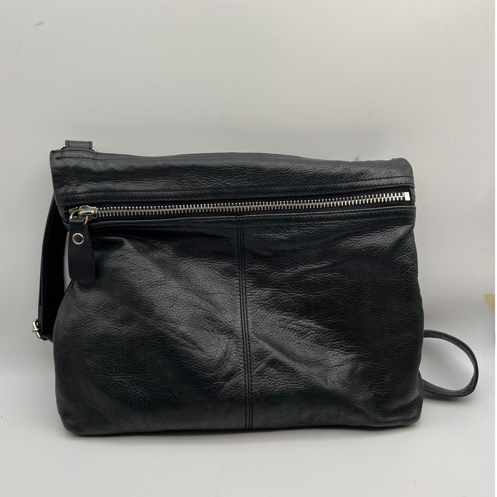 Margot Black Pebbled Leather Crossbody Bag Foldover Zip Top Minimalist Messenger